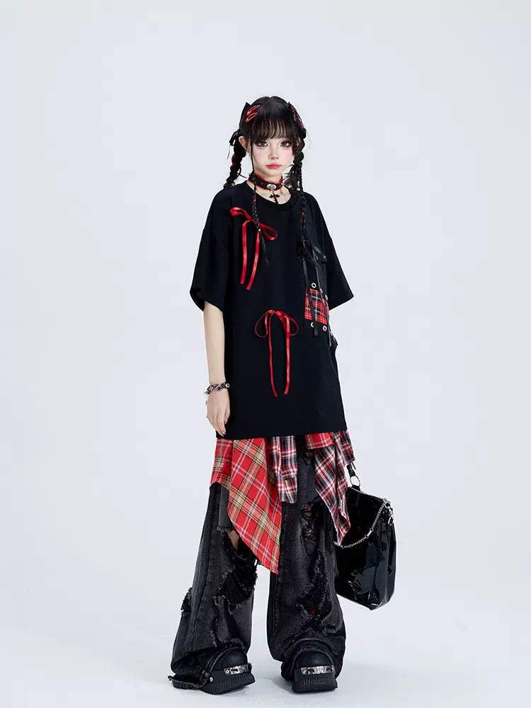 Punk Plaid Ribbon Top