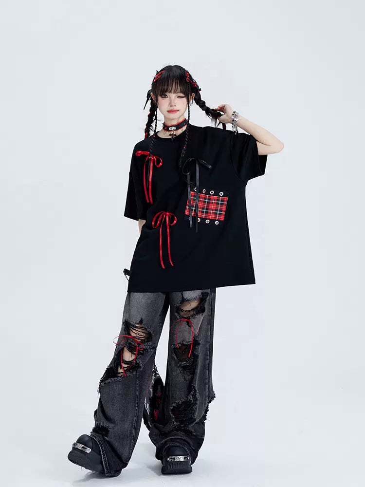 Punk Plaid Ribbon Top