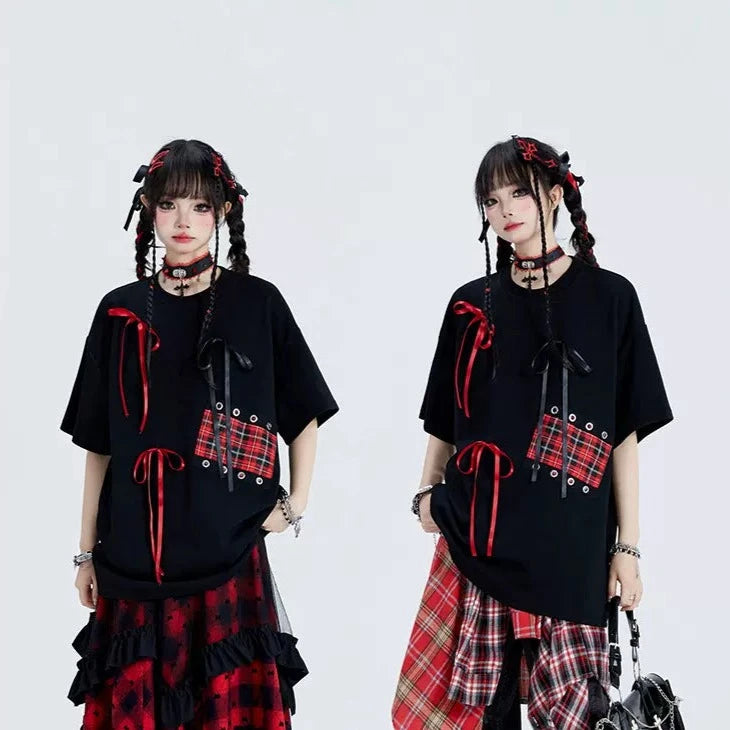 Punk Plaid Ribbon Top