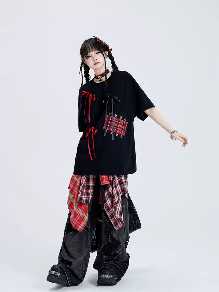 Punk Plaid Ribbon Top