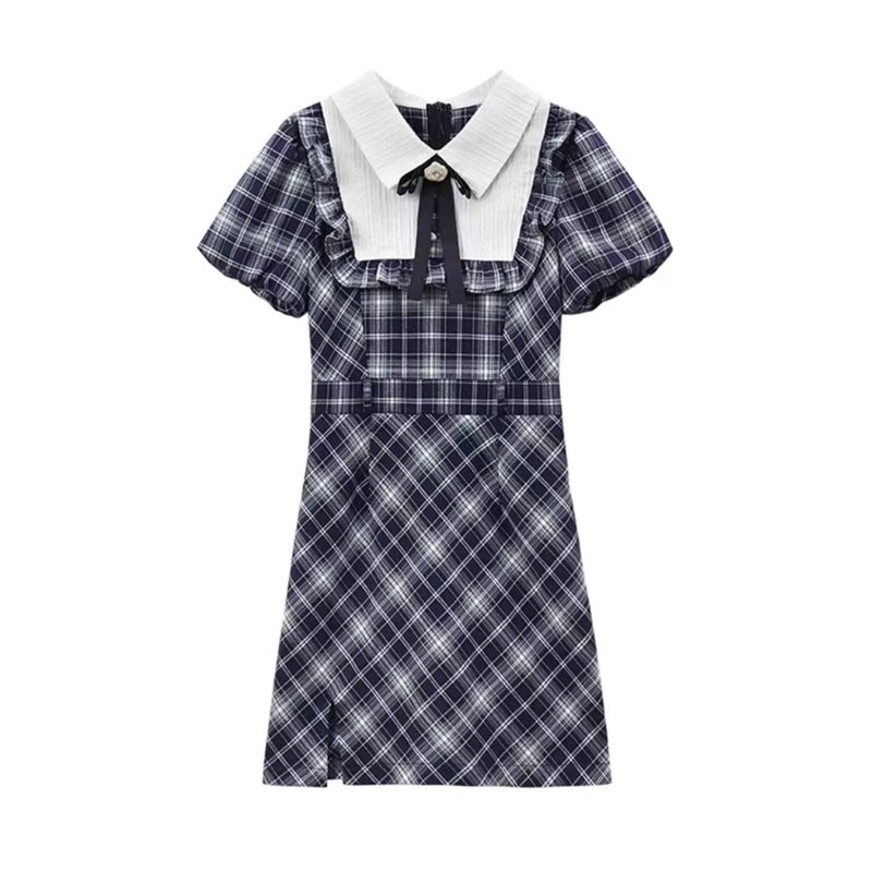Classic Checkered Navy Collar Dress