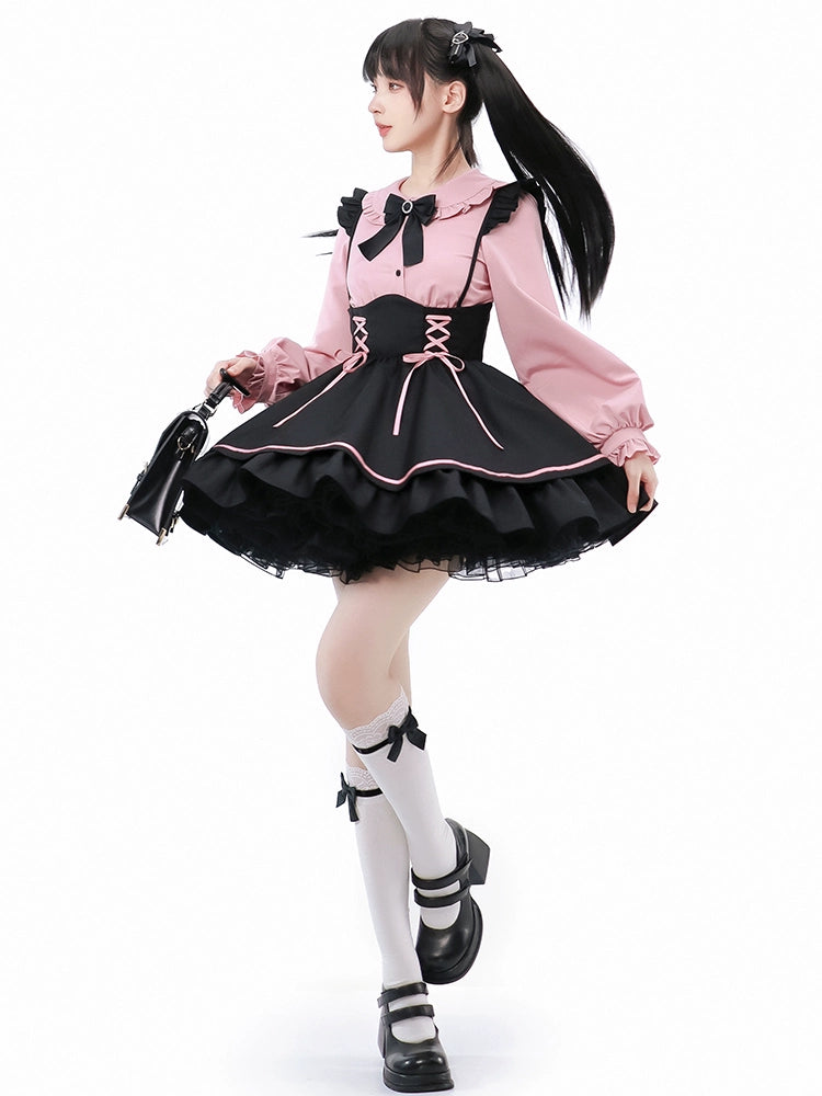 Sweet Pink Ribbon-Trimmed Blouse and Black Skirt Set