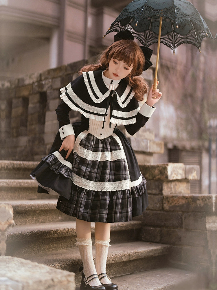 Monochrome Charm Classic Plaid Ruffle Dress