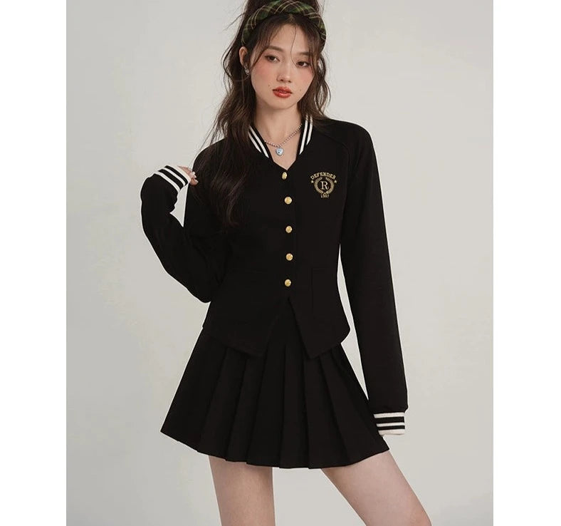 Elegant Academy Blazer, Button-Up Skirt