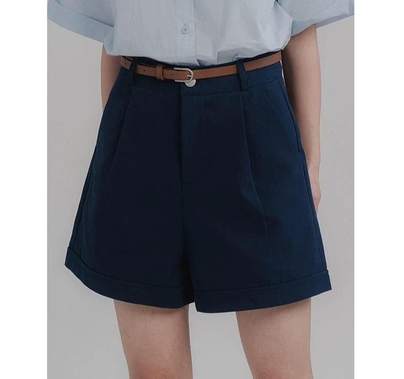 Relaxed Light color Blouse, Navy High-Waisted Shorts