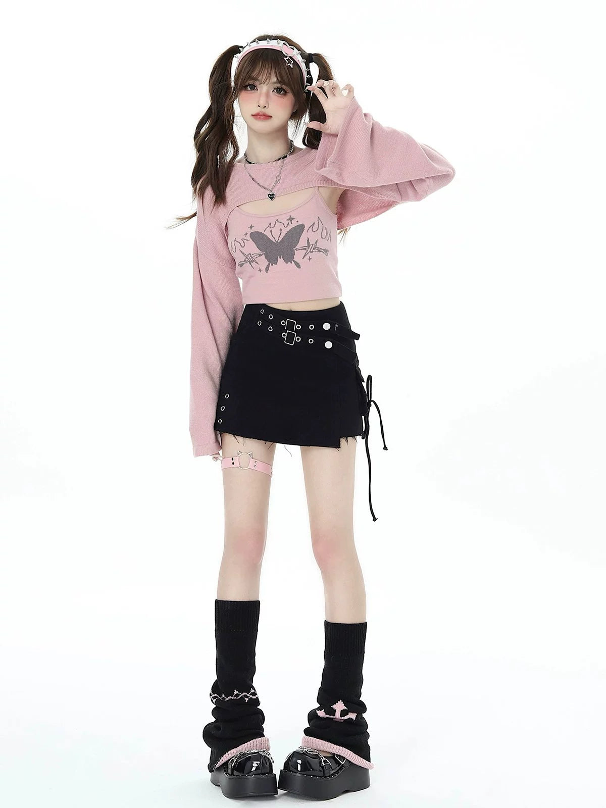 Butterfly Goth Pink Layered Crop Top