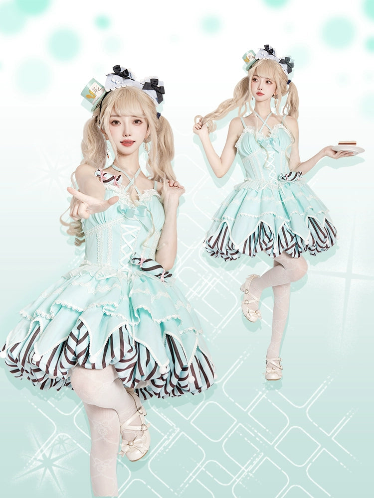 Stripe Flower Bud Sweet Lolita Sling Dress