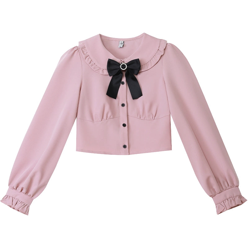 Sweet Pink Ribbon-Trimmed Blouse and Black Skirt Set