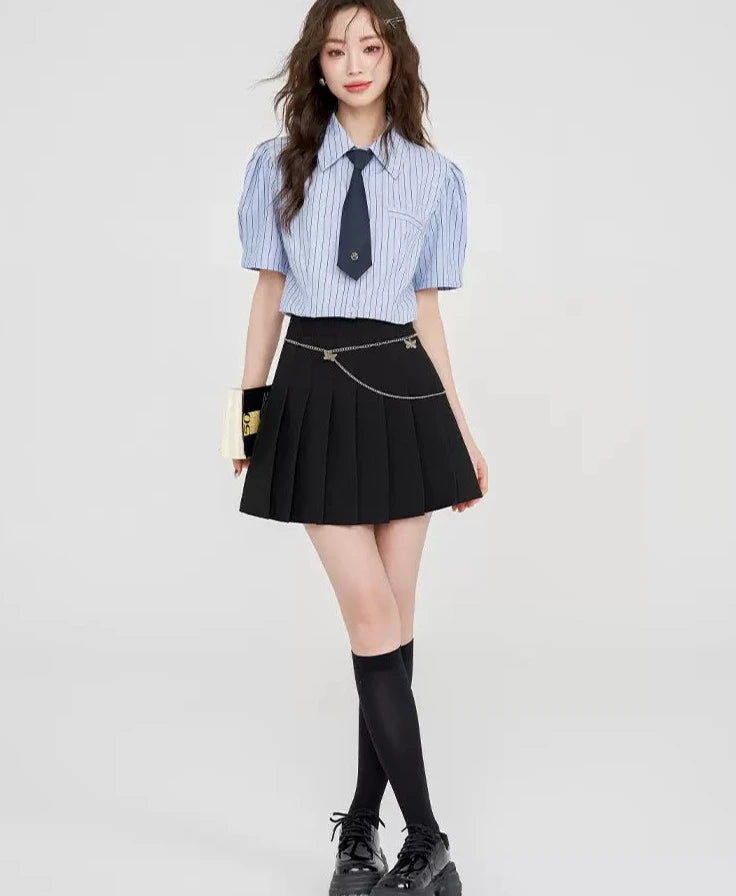 Chic Modern Blue Shirt, Black Skirt