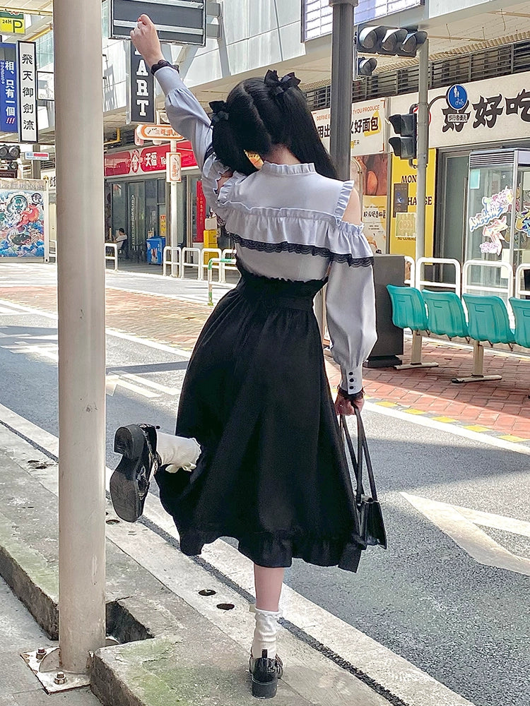 Gothic Ruffle Blouse , Black Skirt