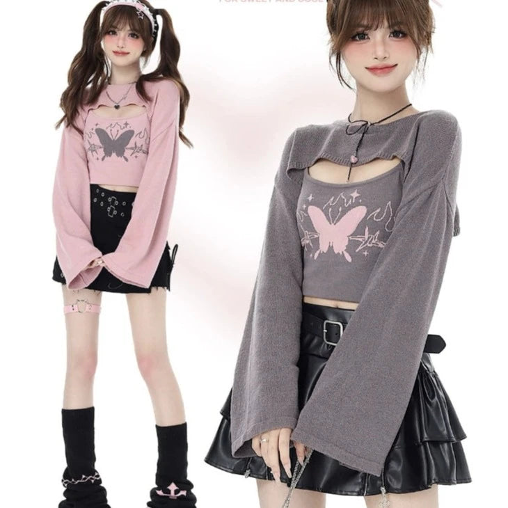 Butterfly Goth Pink Layered Crop Top