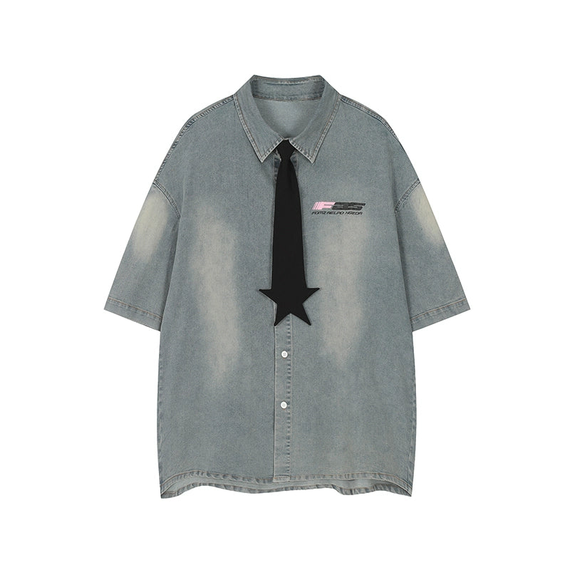 Star Tie Denim Oversized Shirt