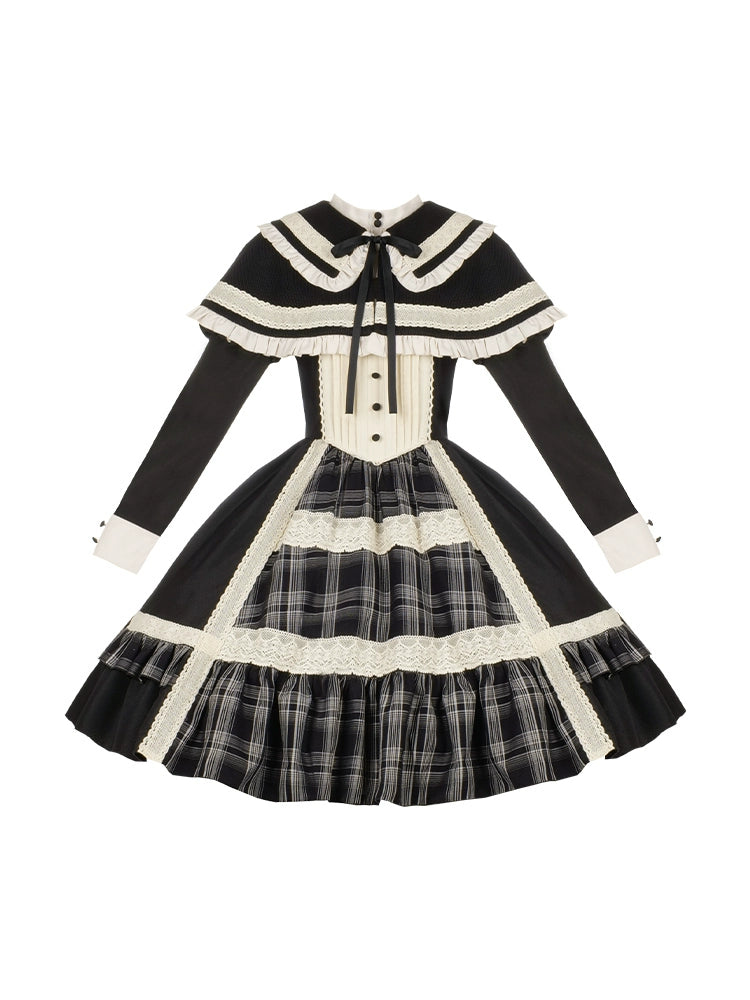 Monochrome Charm Classic Plaid Ruffle Dress