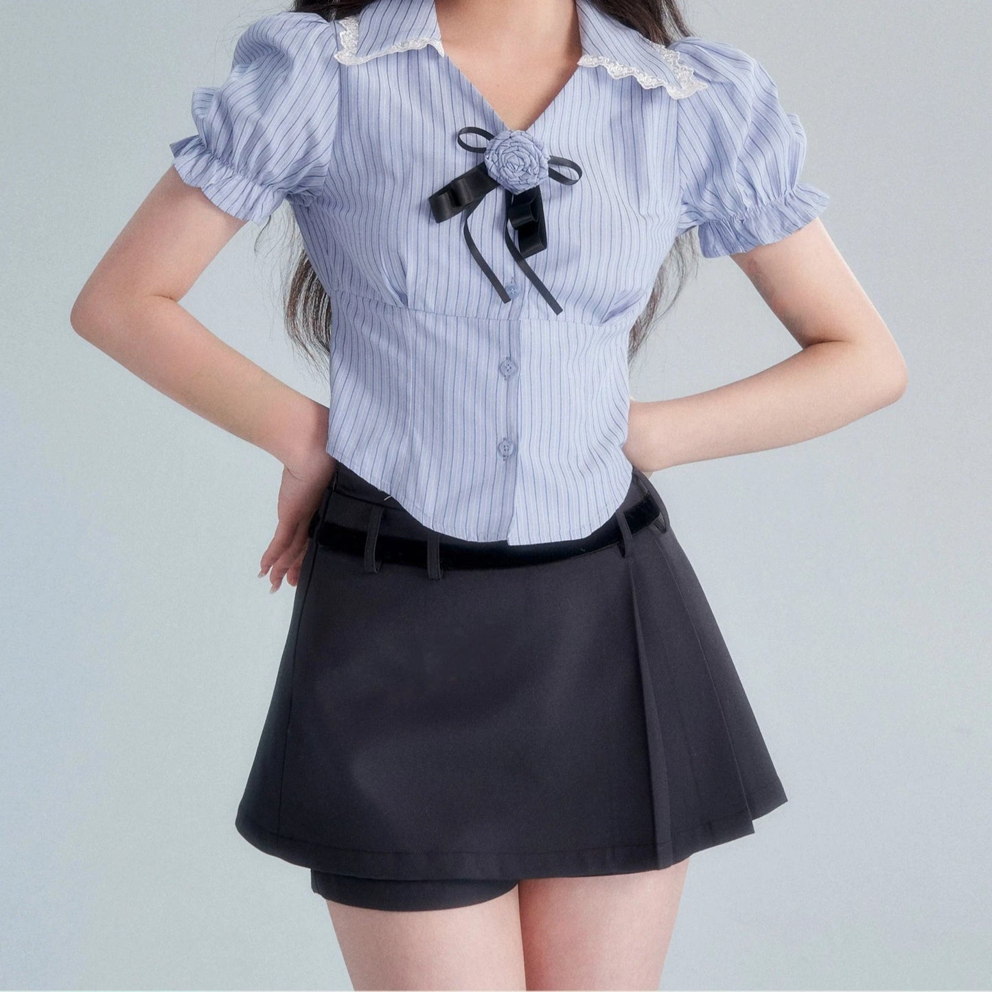 Striped Puff Sleeve Shirt, Black Culottes Skirt