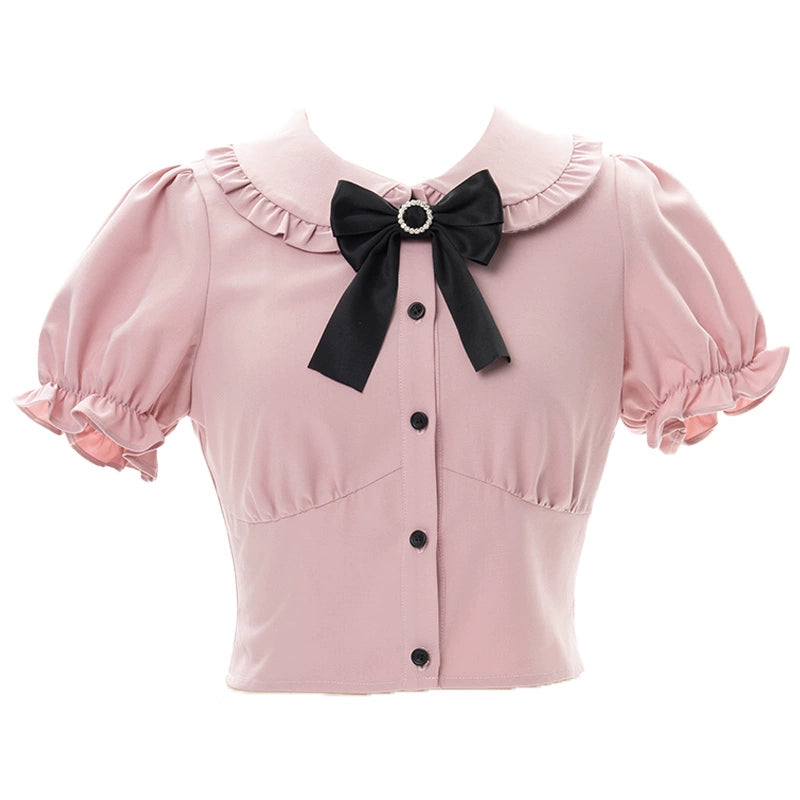 Sweet Pink Ribbon-Trimmed Blouse and Black Skirt Set