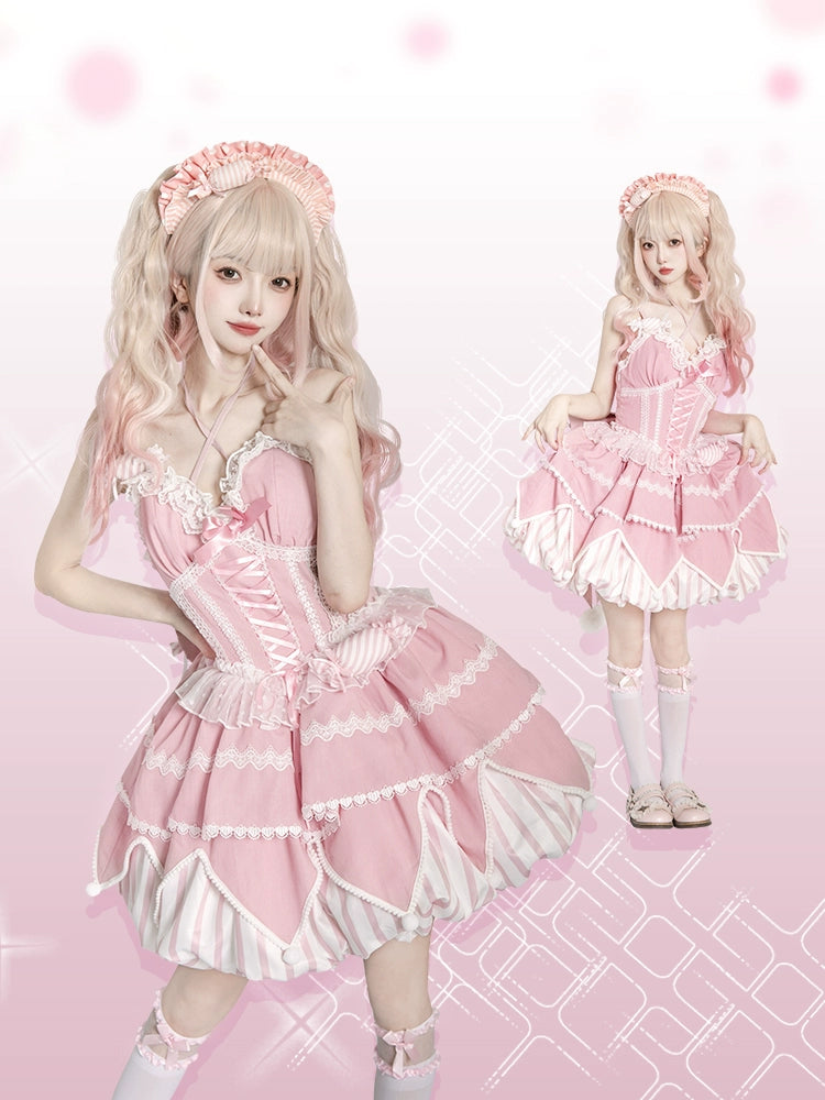 Stripe Flower Bud Sweet Lolita Sling Dress