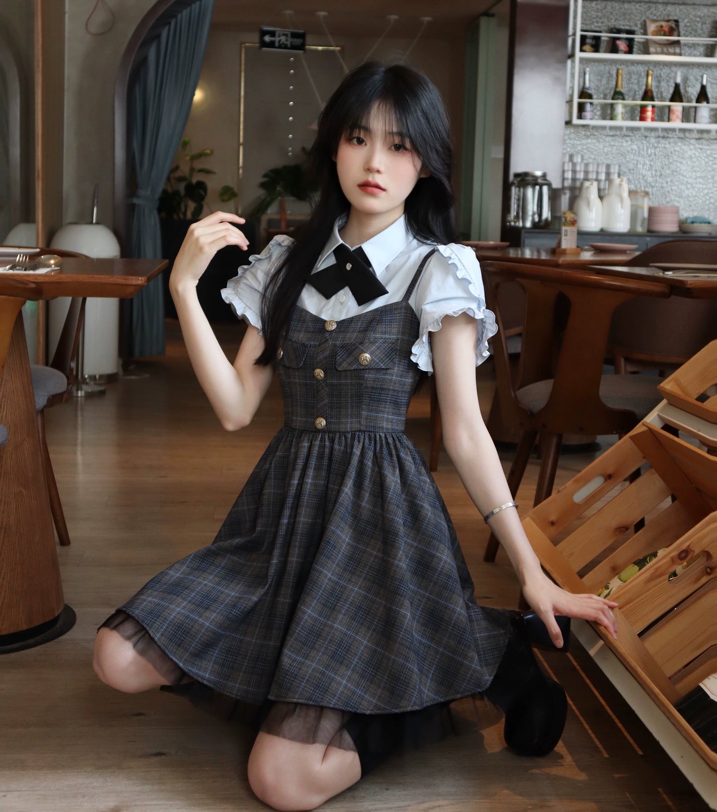 Navy Check Button-Front Sweet Dress