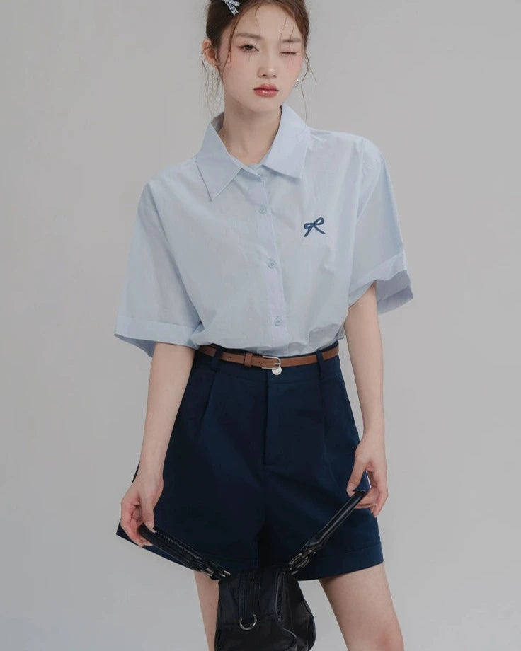 Relaxed Light color Blouse, Navy High-Waisted Shorts