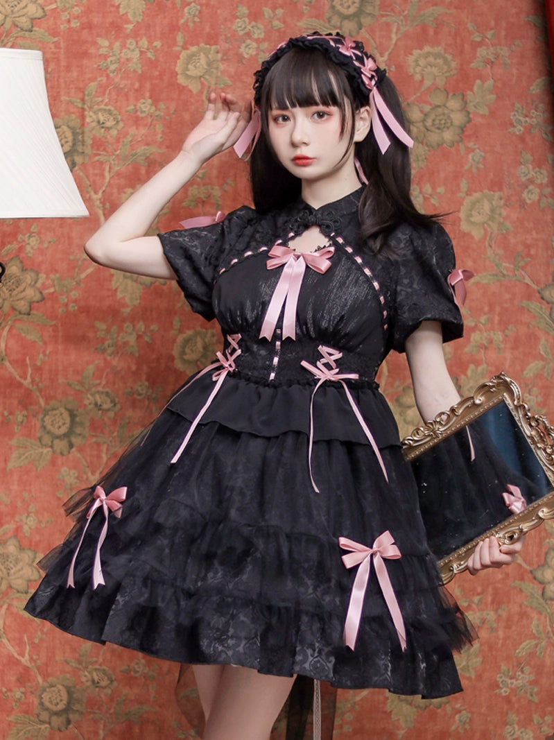 Enchanted Gothic Lolita Dress with Pink Bows