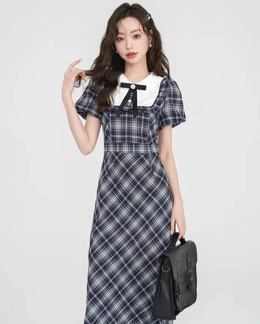 Classic Checkered Navy Collar Dress