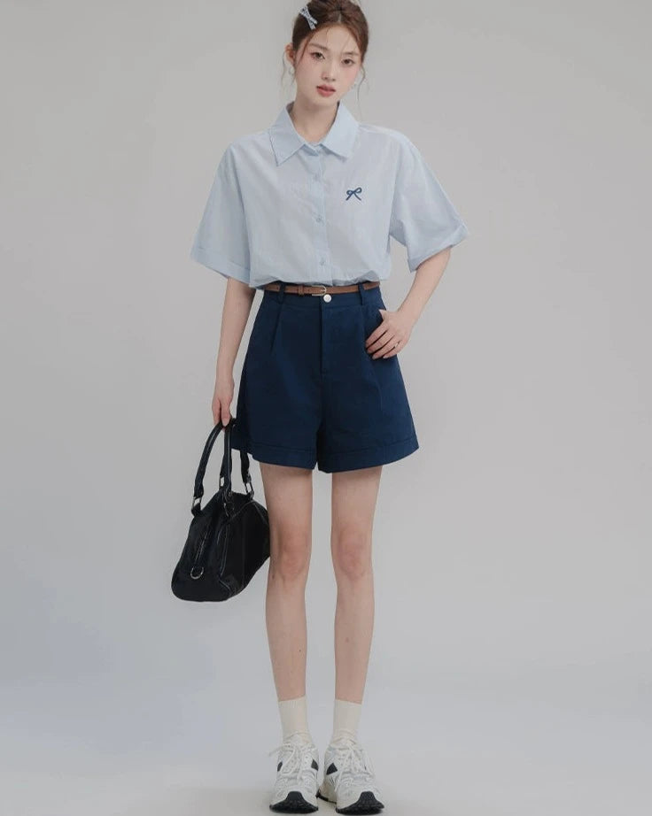 Relaxed Light color Blouse, Navy High-Waisted Shorts