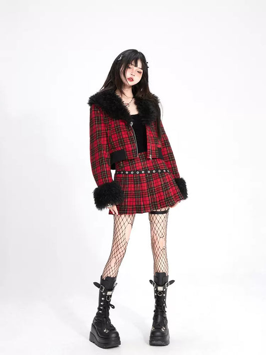 Rebel Checkered Fur Jacket Set