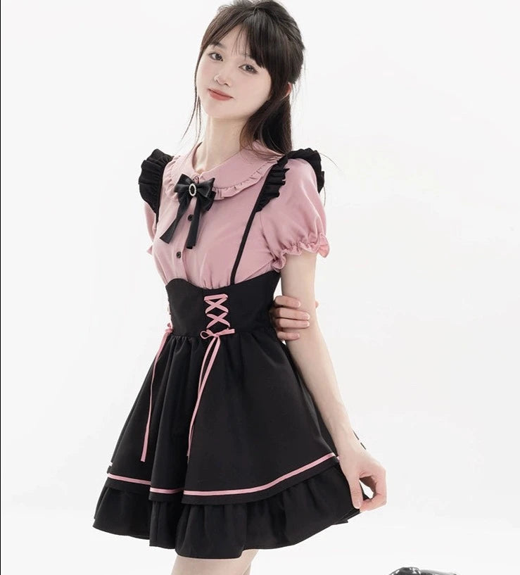 Sweet Pink Ribbon-Trimmed Blouse and Black Skirt Set