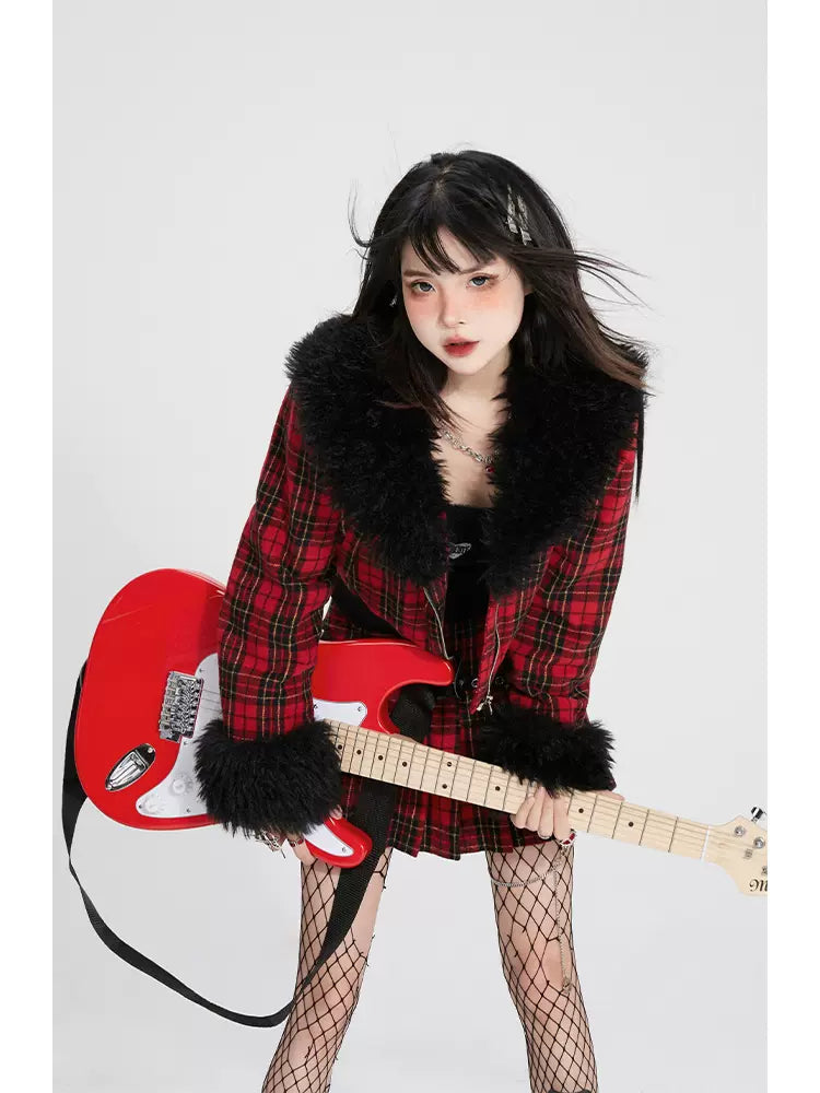 Rebel Checkered Fur Jacket Set