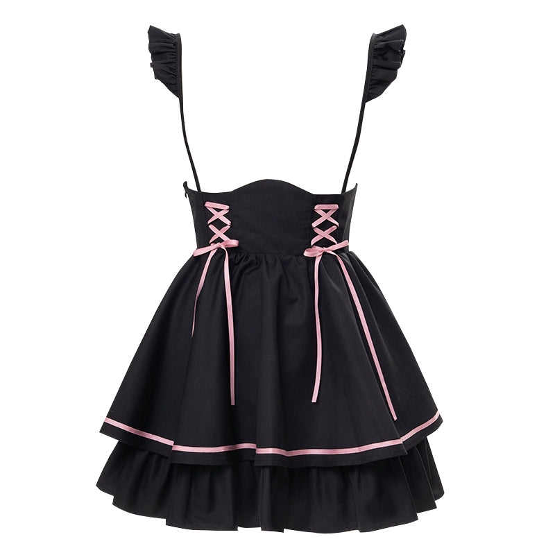 Sweet Pink Ribbon-Trimmed Blouse and Black Skirt Set