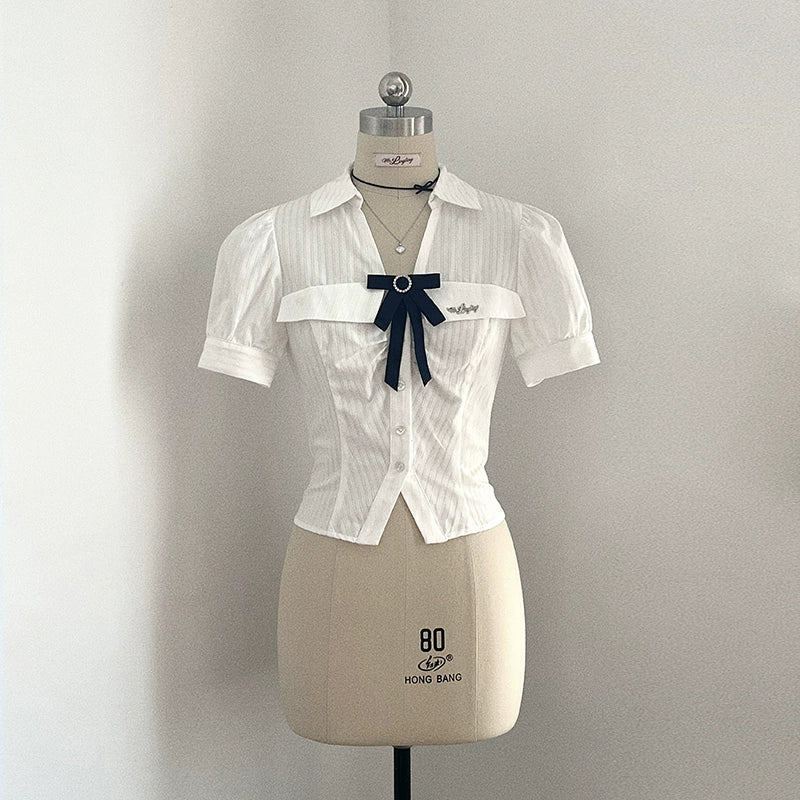 Elegant Bow-Tie Blouse, Chic High-Waist Pleated Skirt