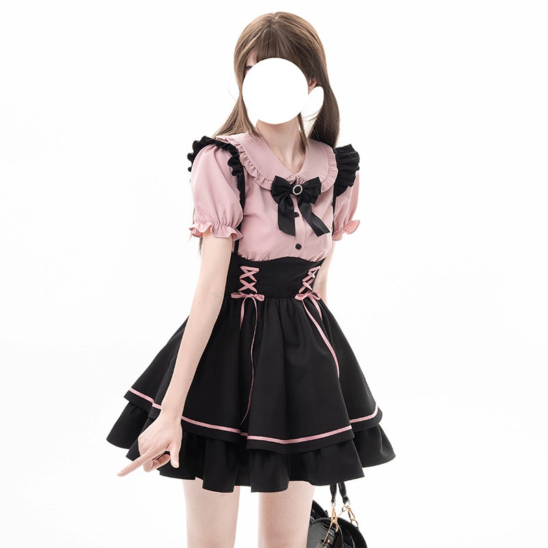 Sweet Pink Ribbon-Trimmed Blouse and Black Skirt Set