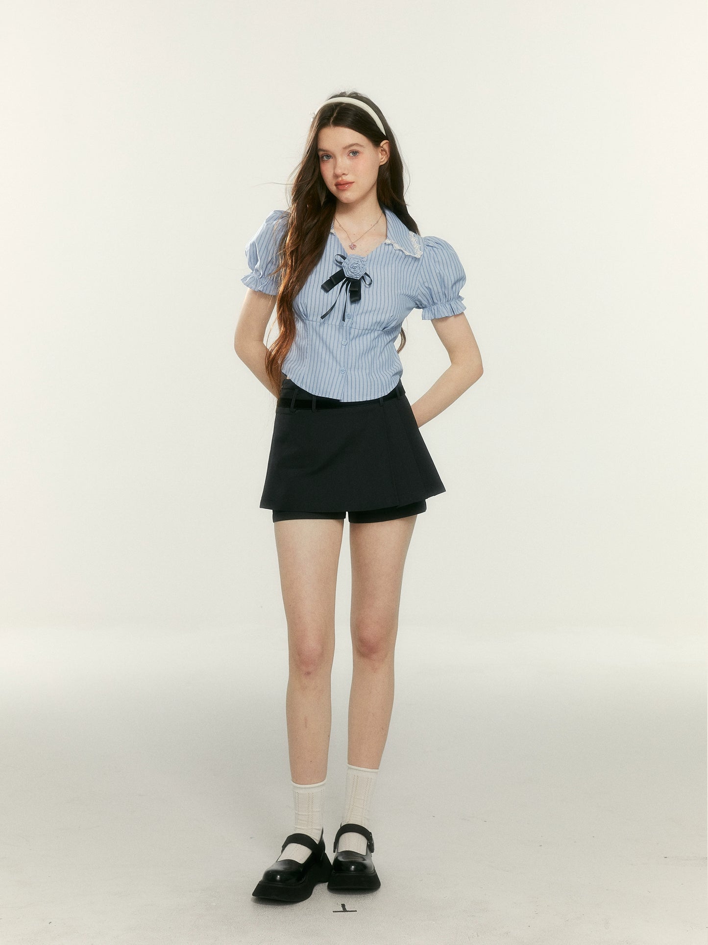 Striped Puff Sleeve Shirt, Black Culottes Skirt