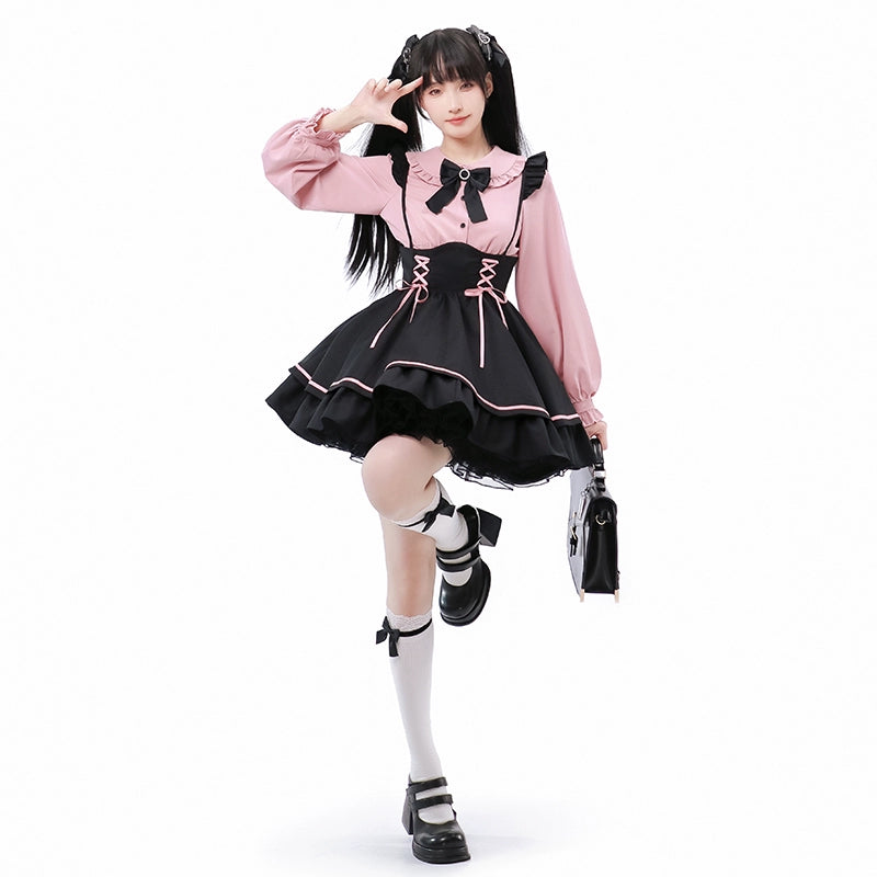 Sweet Pink Ribbon-Trimmed Blouse and Black Skirt Set