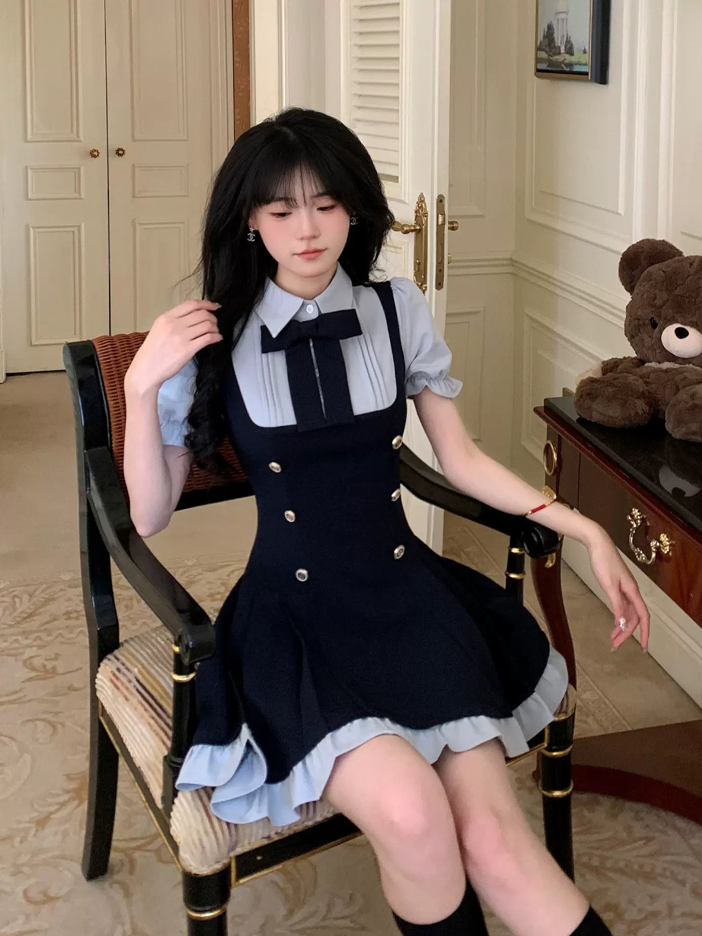 Sweet Navy Double-Breasted Dress