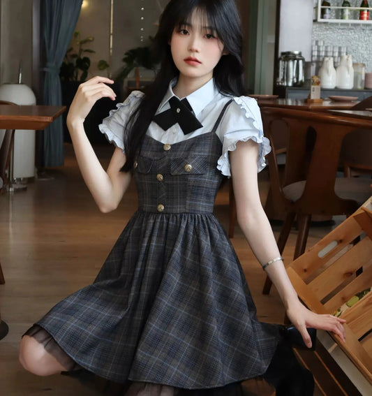 Navy Check Button-Front Sweet Dress