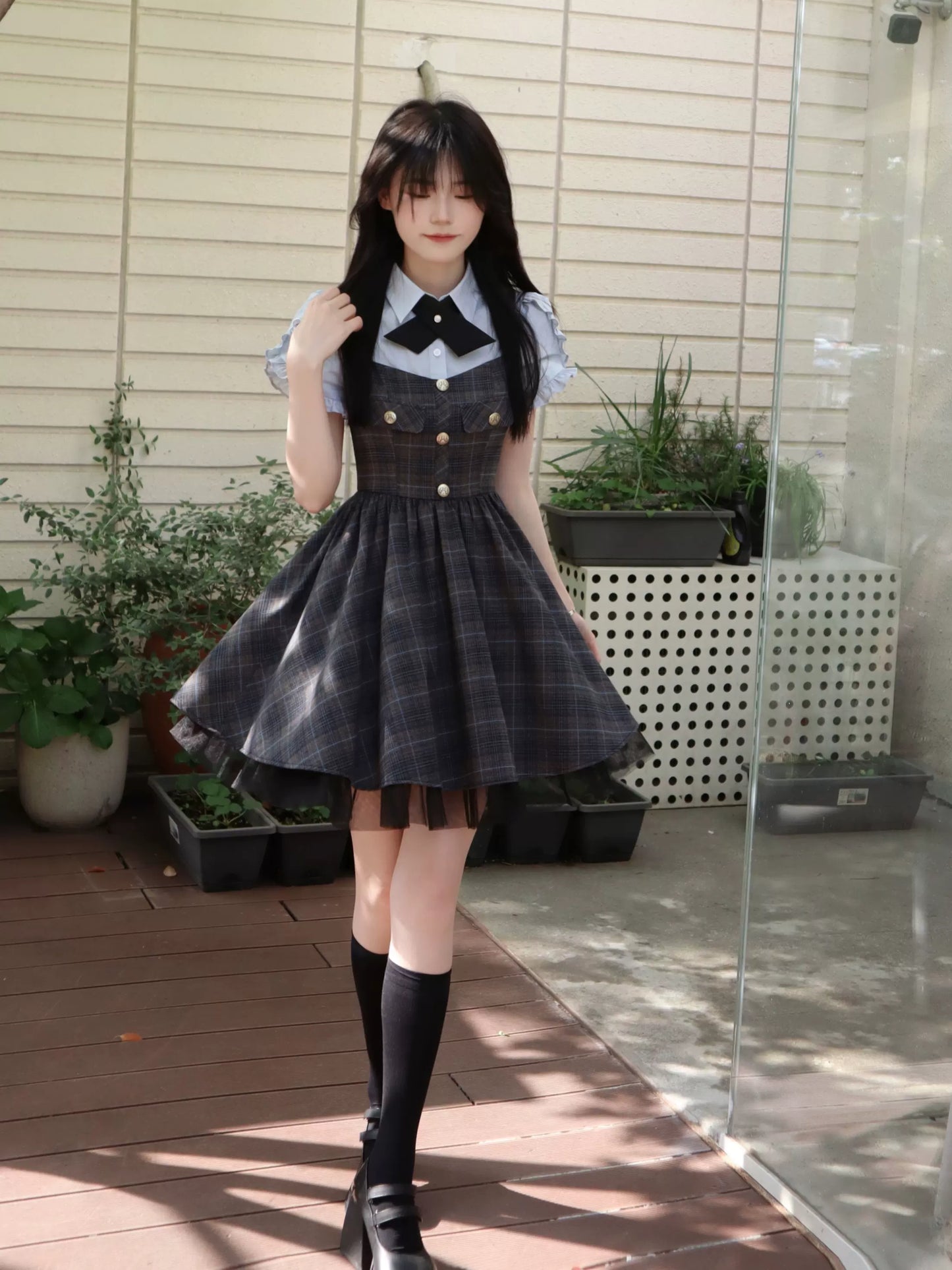 Navy Check Button-Front Sweet Dress