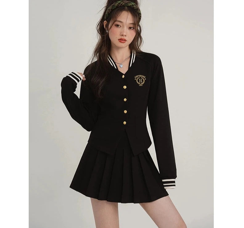 Elegant Academy Blazer, Button-Up Skirt