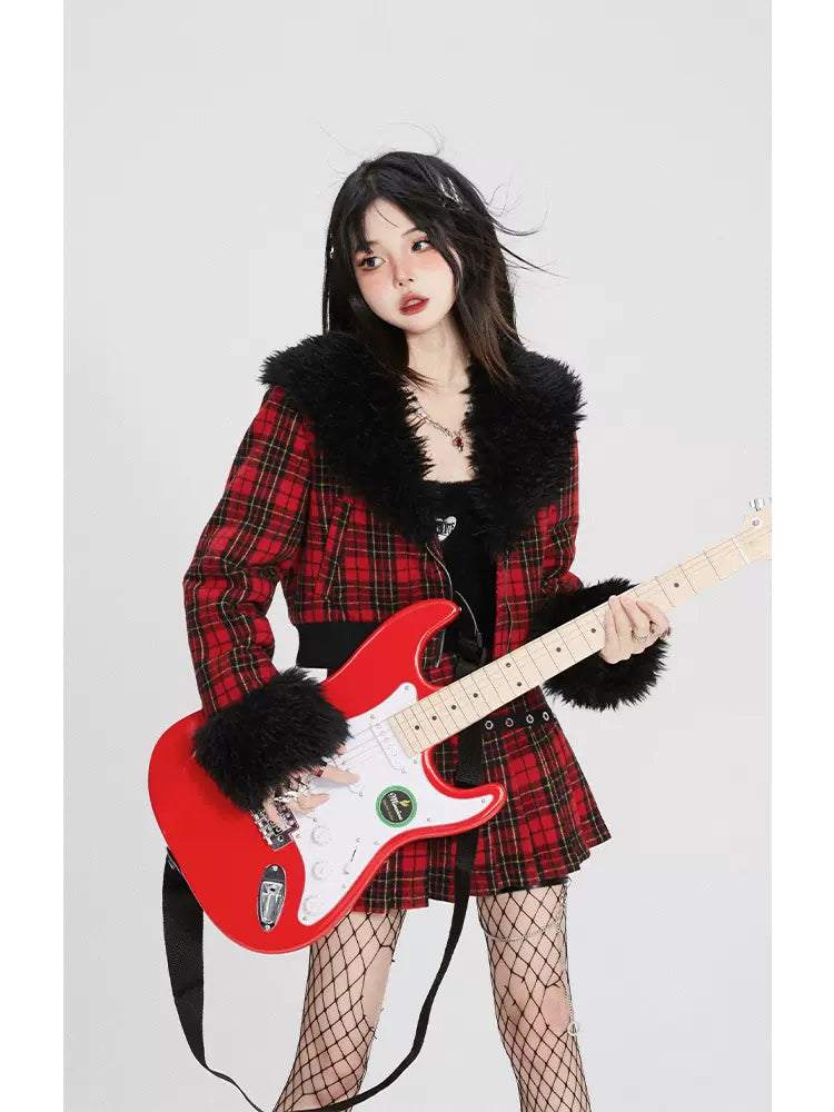 Rebel Checkered Fur Jacket Set