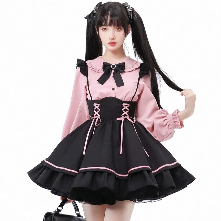 Sweet Pink Ribbon-Trimmed Blouse and Black Skirt Set