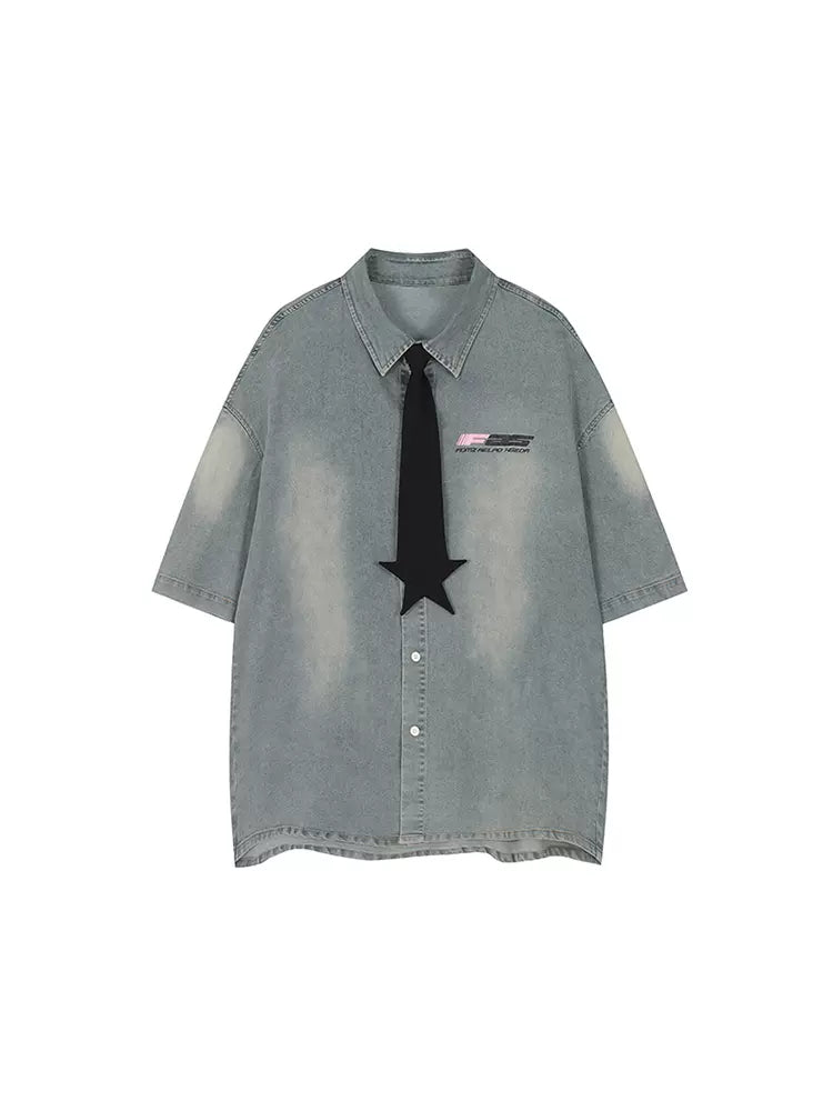 Star Tie Denim Oversized Shirt