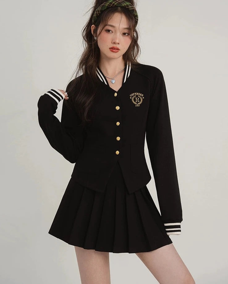 Elegant Academy Blazer, Button-Up Skirt