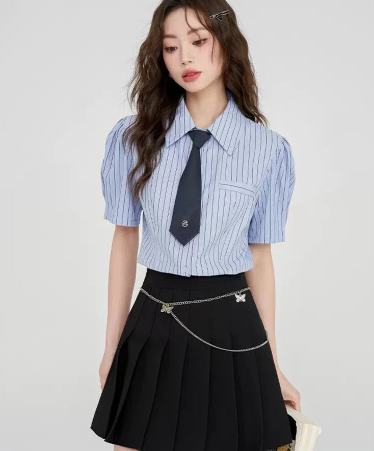 Chic Modern Blue Shirt, Black Skirt